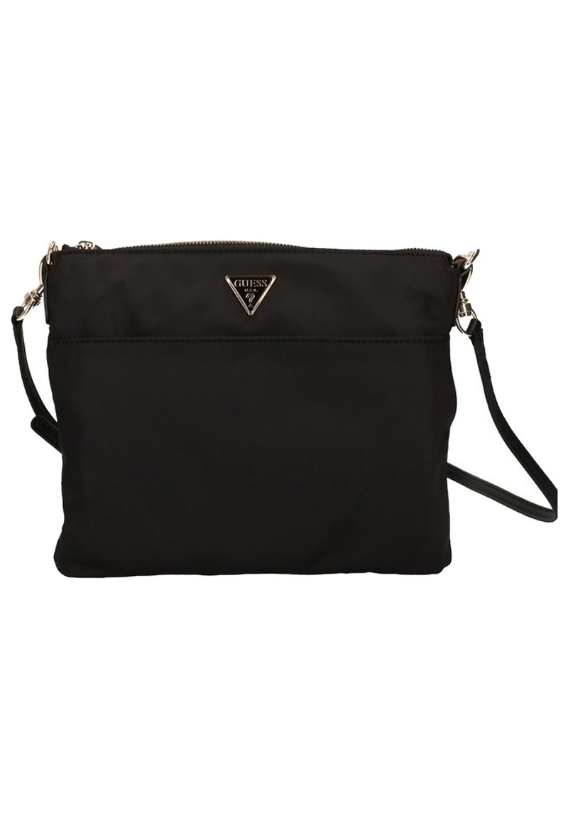 Borsa a tracolla in nylon nero con chiusura a zip, dotata di una tasca frontale e hardware in tonalità argento. Logo del brand visibile sul fronte.