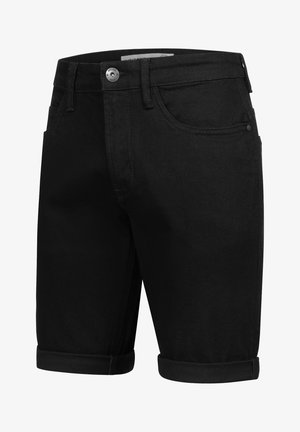 Black denim shorts with a rolled hem, featuring a front button closure, standard pockets, and a smooth texture.