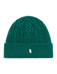 Teal gebreide beanie met een kabelpatroon bovenop en een geribbelde boord. Gemaakt van zacht materiaal en voorzien van een klein logo-label op de boord.
