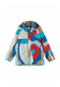 Bunte wasserfeste Jacke mit geometrischen Mustern in Blau, Rot und Beige. Sie hat eine Kapuze und elastische Bündchen zur Anpassung.