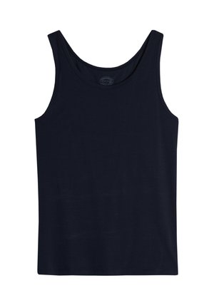 Top sin mangas de color azul marino, confeccionado en una tela suave. Presenta un escote redondo y un dobladillo recto. Diseño minimalista, sin patrones ni acentos.