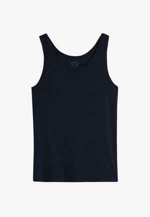 Navy blauwe mouwloze tanktop van zachte stof. Heeft een ronde halslijn en een rechte zoom. Minimalistisch ontwerp, geen patronen of accenten.
