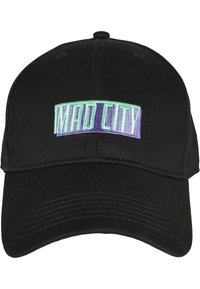 Black baseball cap with a curved brim. Features "MAD CITY" embroidered in teal and purple. Made of sturdy cotton material with textured fabric.