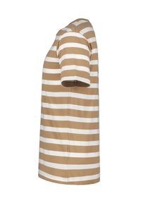 Brun og hvid stribet kortærmet T-shirt, lavet af blød bomuld, med en rund hals og en lige pasform med synlige syningsdetaljer.