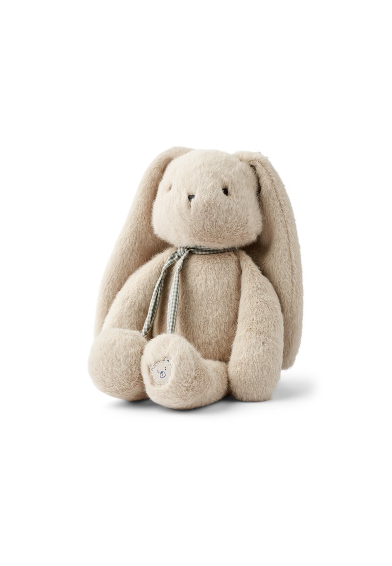 Soft beige plush rabbit with long ears, a checkered bow, and embroidered bear detail on the paw. Smooth texture and rounded body shape.