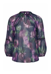 Genomskinlig blus med blommönster i lila och gröna nyanser. Har en nyckelhålsringning, vida ärmar och dragkedjedetaljer vid ärmslut.