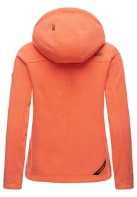 Fleece jacket in bright orange, featuring a hood, long sleeves, and a curved hem. Logo detail visible on the back. Textured fabric.