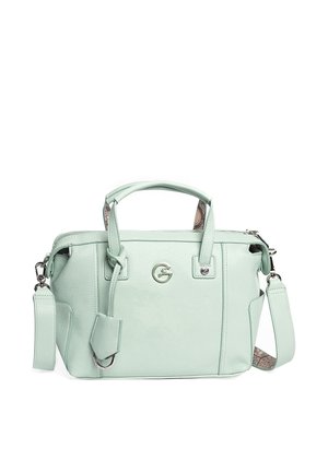 Hellgrüne Lederhandtasche mit oberen Griffen, abnehmbarem Schulterriemen, Reißverschluss und rundem silbernem Logo vorne.