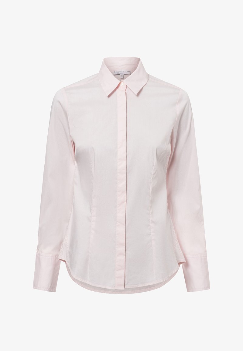 Camicetta rosa chiaro a maniche lunghe con bottoni frontalmente, colletto classico e orlo curvo. Realizzata in un tessuto leggero e morbido.