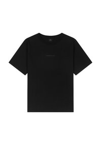 Zwart katoenen t-shirt met korte mouwen, ronde halslijn, voorzien van een subtiele "TOMORROWLAND" print in het midden. Zachte, gladde textuur.