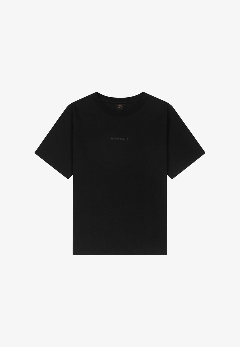 Zwart katoenen t-shirt met korte mouwen, ronde halslijn, voorzien van een subtiele "TOMORROWLAND" print in het midden. Zachte, gladde textuur.
