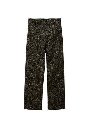 Pantalons vert foncé à coupe ample, arborant un motif léopard subtil dans des tons beiges et orangés. Matière en coton avec une fermeture à bouton.