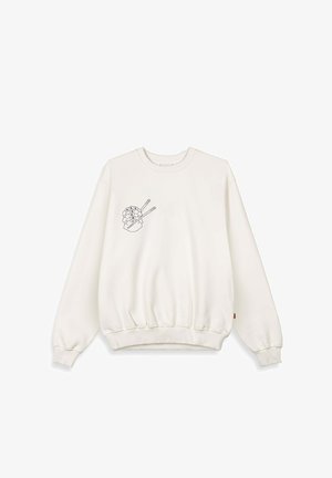 Sudadera blanca con puños acanalados y dobladillo inferior. Presenta un gráfico minimalista en negro de sushi y palillos en el lado izquierdo del pecho.