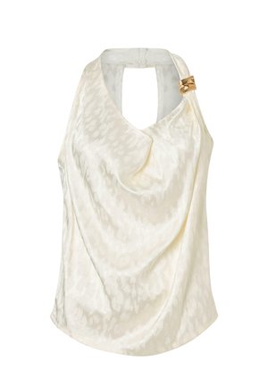 Ivory satin sleeveless halter top with draped neckline and gold-tone buckle on left shoulder.
