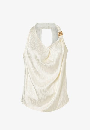 Ivory satin sleeveless halter top with draped neckline and gold-tone buckle on left shoulder.
