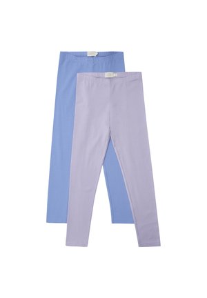 Leggings-sæt i lyseblå og lilla. Strækstof, tætsiddende design, elastiske linninger og glat tekstur. Hver leggings er fuld længde.