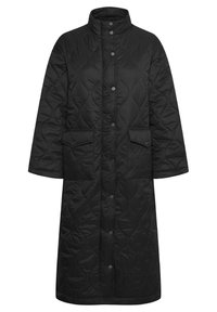 Abrigo largo negro acolchado con cuello alto, presenta botones a presión, dos bolsillos delanteros y patrón de costura ondulada horizontal.