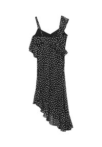 Schwarzes Kleid mit weißen Punkten, ausgestattet mit Rüschenträgern und asymmetrischem Saum, aus leichtem Stoff mit transparenter Textur.