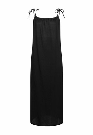 Robe maxi sans manches noire avec des bretelles à nouer et un col froncé, coupe droite, tissu léger.