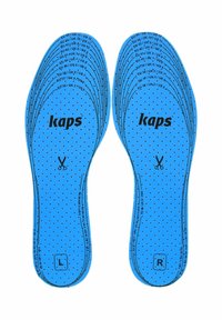 Modré vložky s perforáciou, označené "kaps," s veľkostnými označeniami. Rozlíšenie pre ľavú a pravú nohu. Obsahuje ikonu nožníc.