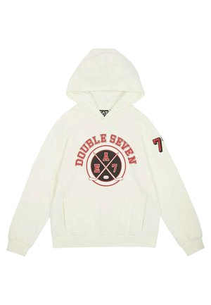 Felpa bianca con cappuccio con la scritta "DOUBLE SEVEN" e logo con bastoni da hockey incrociati sul davanti, e numero 7 sulla manica sinistra.