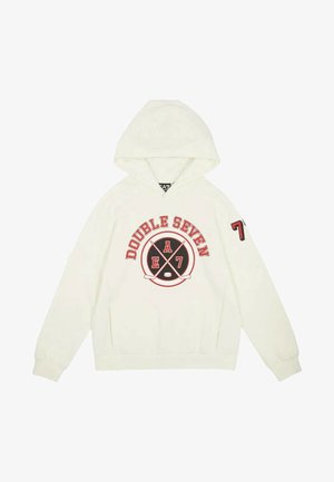 Felpa bianca con cappuccio con la scritta "DOUBLE SEVEN" e logo con bastoni da hockey incrociati sul davanti, e numero 7 sulla manica sinistra.