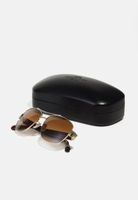 Des lunettes de soleil teintées de marron avec une monture en métal doré et des branches en plastique marron, à côté d'un étui rigide noir avec un logo en relief.