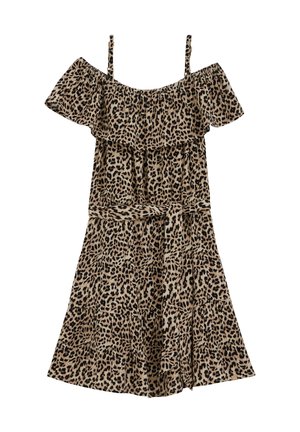Rochie cu imprimeu leopard, decolteu pe umeri cu volănaș, bretele subțiri, cordon în talie și fustă midi evazată.