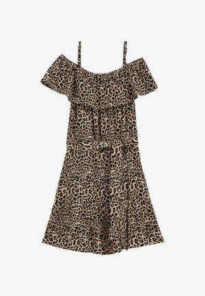 Sukienka z dekoltem odkrywającym ramiona w panterkę, z falbaną na dekolcie, cienkimi ramiączkami, wiązaniem w talii oraz rozkloszowaną midi spódnicą.