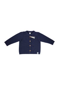 Marineblaue Strickjacke mit langen Ärmeln, Rundhalsausschnitt, Holzknöpfen und einem kleinen Markenetikett unten links.