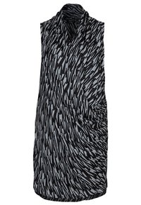 Schwarzes und graues ärmelloses Oberteil mit drapiertem Design, das ein dynamisches, abstraktes Muster zeigt, gefertigt aus einem glatten, leichten Stoff.