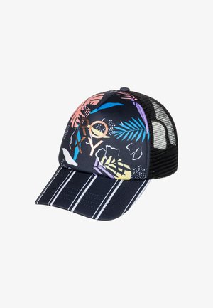 Casquette de camionneur noire avec un motif tropical coloré, présentant un dos en mesh, un logo imprimé et un design de visière rayée.