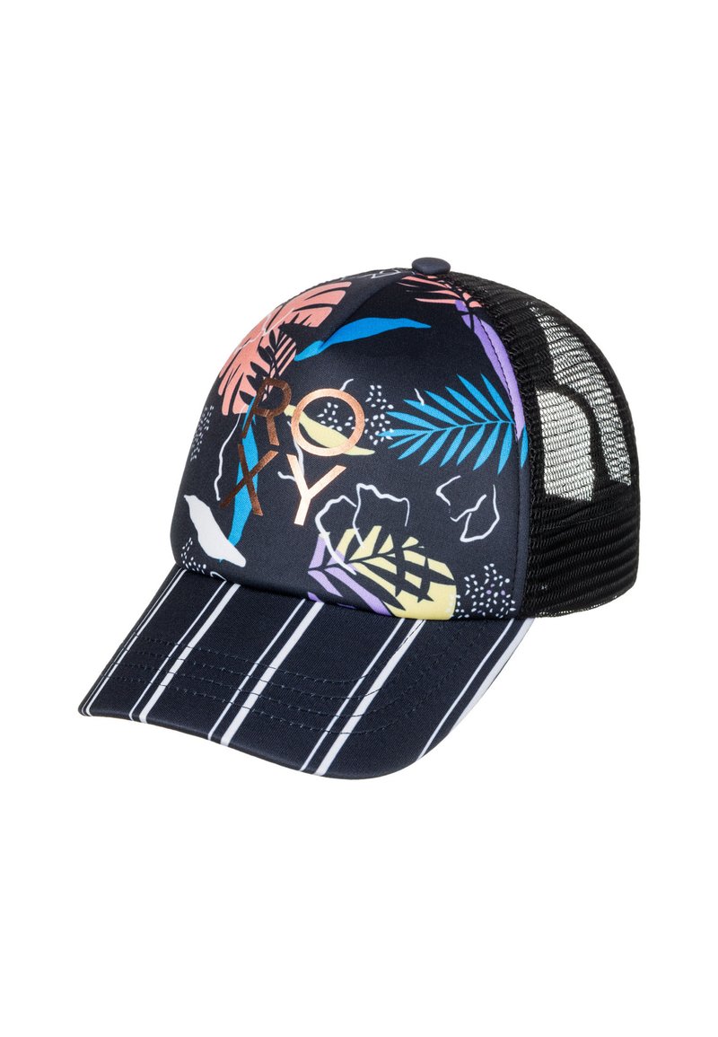 Zwarte trucker pet met een kleurrijk tropisch patroon, voorzien van een mesh achterzijde, bedrukte logo en gestreepte klep.