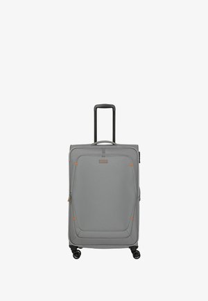 Gray wheeled suitcase with orange accents, rectangular shape, polyester material, retractable handle, and four swivel wheels for mobility.