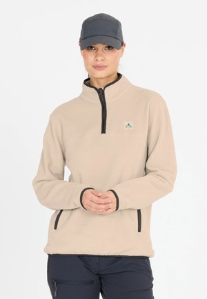 Beige fleece pullover met een kwart rits, zwarte afwerking en zijzakken. Heeft een klein logo op de borst. Lichtgewicht en met een zachte textuur.