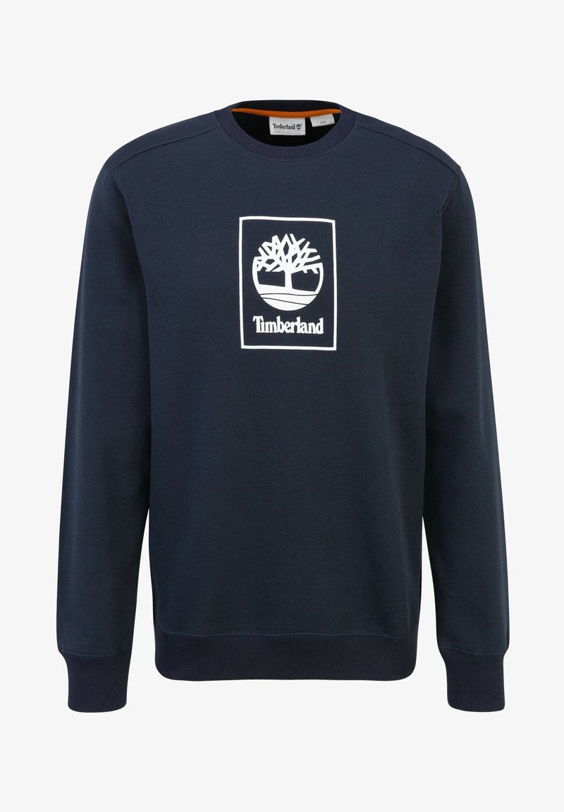 Felpa blu navy con polsini e orlo a coste; presenta un logo Timberland bianco centrato sul petto all'interno di un contorno rettangolare.