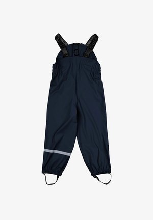 Tute impermeabili blu navy con spalline regolabili, polsini elasticizzati e striscia riflettente lungo la gamba. Realizzati in materiale resistente e liscio.