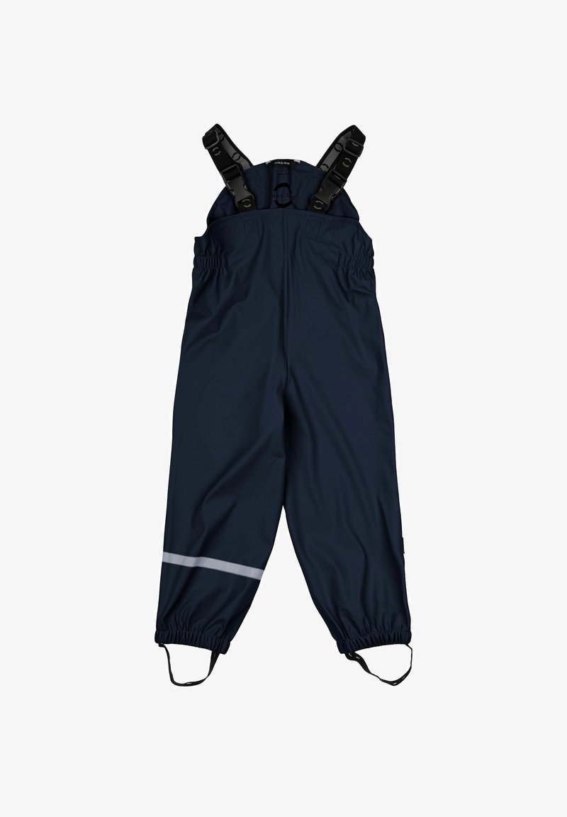 Tumši zili ūdensizturīgi kombinezoni ar regulējamiem siksnām, elastīgām aprocēm un atstarojošu joslu gar apakšējo kāju. Izgatavoti no izturīga, gluda materiāla.