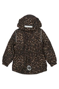 Dežni plašč z leopardjim vzorcem, ki ima nastavljivo kapuco, elastičen pas in elastične manšete. Opremljen je z odsevnimi akcenti in logotipom na robu.