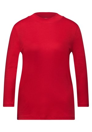 Rode langjarige T-shirt van zachte stof, met een hoge halslijn en een rechte snit zonder patronen of versieringen.