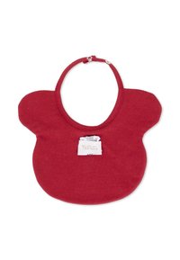 Bavoir en coton rouge de forme arrondie, avec deux bas côtés et une fermeture à pression au niveau du cou. Comprend une petite étiquette de marque.