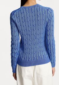Blå kabelstickad tröja med ribbade ärmslut och nederkant. Strukturerat mönster med olika nyanser av blått. Bakvy med långa ärmar.