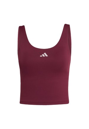 Bordeauxrode crop top met brede bandjes en een ronde halslijn, gemaakt van rekbare stof. Voorzien van een klein wit logo gecentreerd op de borst.