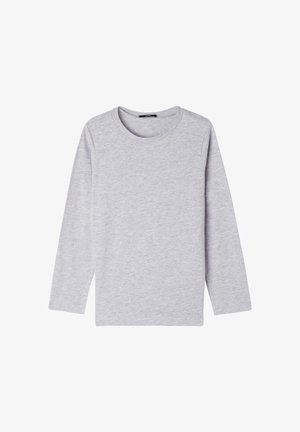 Langärmliges graues T-Shirt aus weichem Baumwolljersey, mit Rundhalsausschnitt und geradem Saum, ohne sichtbare Grafiken oder Akzente.