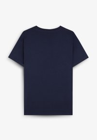 Mørkeblå bomulds T-shirt med rund halsudskæring og korte ærmer, vist fra ryggen. Glat tekstur, ingen synlige mønstre eller detaljer.