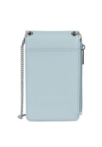 Light blue leather crossbody bag with a textured surface, silver chain strap, zip closure, and a rear pocket for added functionality.