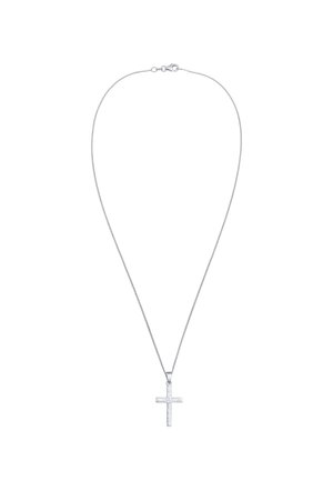 Delicate silver chain necklace with a small, textured silver cross pendant and a lobster clasp closure.