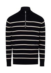 Marineblauer Strickpullover mit weißen horizontalen Streifen, halbem Reißverschluss am Kragen, gerippten Bündchen und Saum, hergestellt aus strukturiertem Stoff.