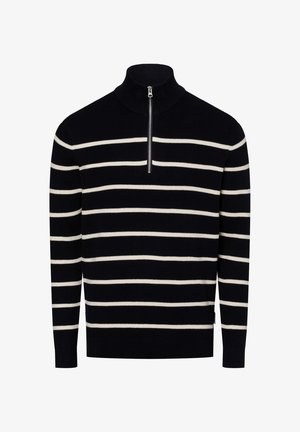 Marineblauer Strickpullover mit weißen horizontalen Streifen, halbem Reißverschluss am Kragen, gerippten Bündchen und Saum, hergestellt aus strukturiertem Stoff.