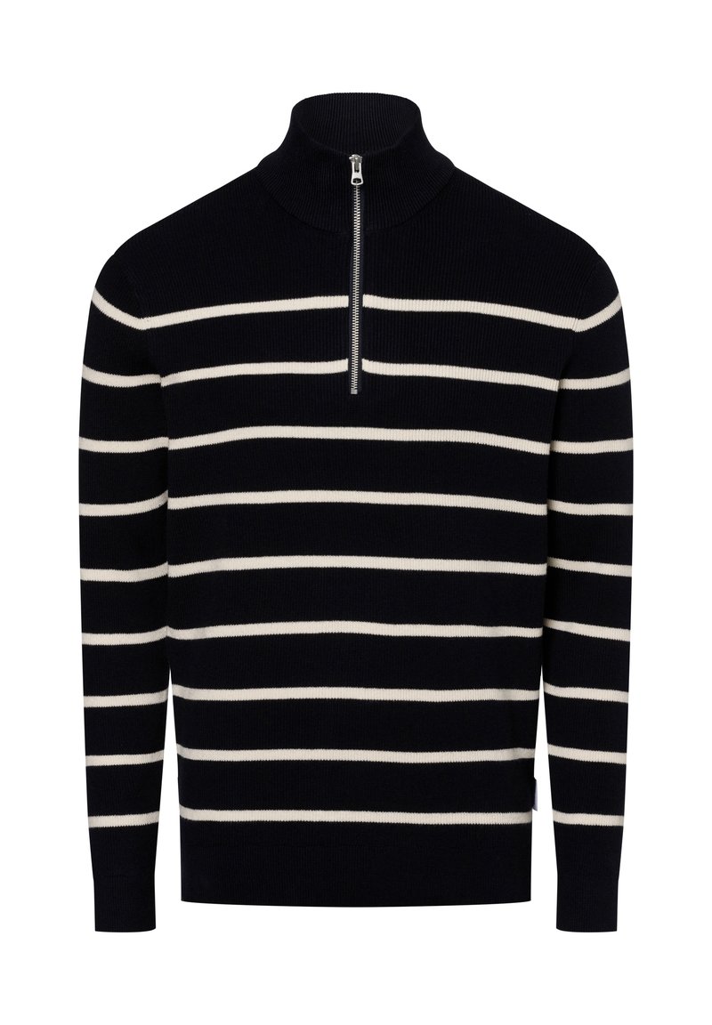 Marineblauer Strickpullover mit weißen horizontalen Streifen, halbem Reißverschluss am Kragen, gerippten Bündchen und Saum, hergestellt aus strukturiertem Stoff.